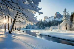 un río en el nieve. generado por ai foto