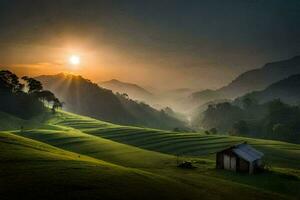 the sun rises over a farm in the mountains. AI-Generated photo