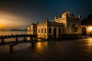 el puesta de sol terminado el Oceano y un mezquita. generado por ai foto