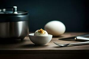 a small egg in a bowl next to a pot. AI-Generated photo