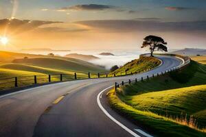 a scenic road with a tree in the middle of the road. AI-Generated photo
