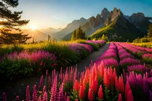 the sun rises over a field of pink flowers. AI-Generated photo