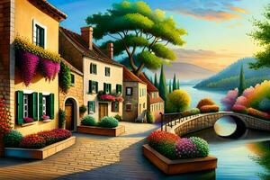 a painting of a village with flowers and a bridge. AI-Generated photo