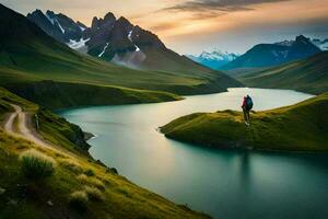 el hombre soportes en el borde de un montaña lago. generado por ai foto