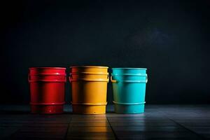 three colorful buckets on a dark floor. AI-Generated photo