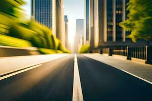 un borroso imagen de un ciudad calle con un coche conducción abajo él. generado por ai foto