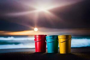 three colorful buckets on the beach with the sun in the background. AI-Generated photo