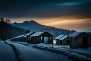 a snowy road with a few small cabins. AI-Generated photo