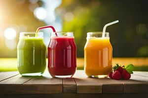 three different types of juice in glasses on a table. AI-Generated photo