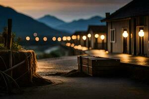 a wooden bridge with lights on it at dusk. AI-Generated photo