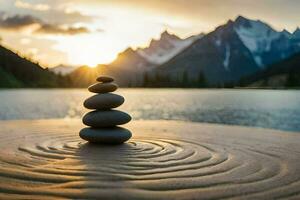 a stack of stones sits on the sand in front of a lake. AI-Generated photo