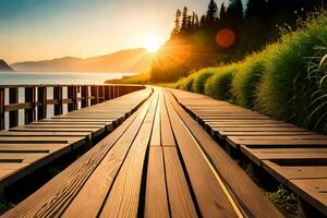 a wooden walkway leads to the sun. AI-Generated photo