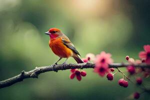 a red bird sitting on a branch with pink flowers. AI-Generated photo