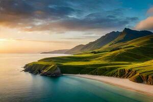 a beautiful beach and mountains at sunset. AI-Generated photo