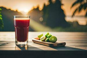 a glass of juice with lime and a slice of lime on a wooden table. AI-Generated photo