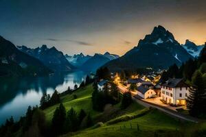 el pueblo de Alpes, Suiza, a oscuridad. generado por ai foto