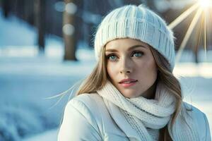 un hermosa mujer en un invierno sombrero y bufanda. generado por ai foto