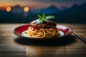 un plato de espaguetis con carne en parte superior de un mesa. generado por ai foto