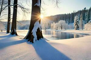 nieve cubierto arboles y el Dom brillante mediante el arboles generado por ai foto