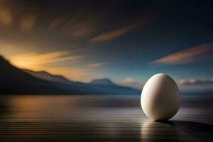 an egg sitting on a wooden table in front of a lake. AI-Generated photo