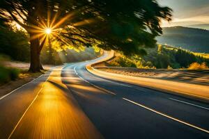 a long exposure photograph of a road with trees in the background. AI-Generated photo