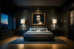 a bedroom with a large painting on the wall. AI-Generated photo