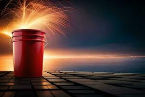 a red bucket with fireworks in the background. AI-Generated photo