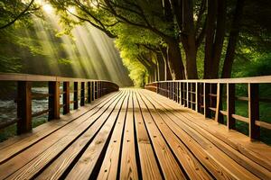 wooden bridge over a river with sunbeams shining through. AI-Generated photo