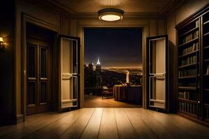 un habitación con un ver de el ciudad a noche. generado por ai foto