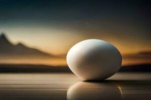 a white ball sits on a table in front of a mountain. AI-Generated photo