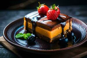 a piece of cake with chocolate sauce and berries. AI-Generated photo