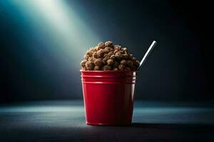 a red cup filled with a bowl of cereal. AI-Generated photo
