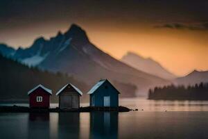 three small houses sit on the shore of a lake. AI-Generated photo