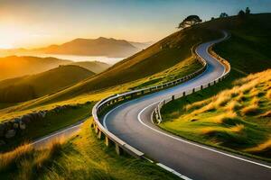 a winding road in the mountains at sunset. AI-Generated photo