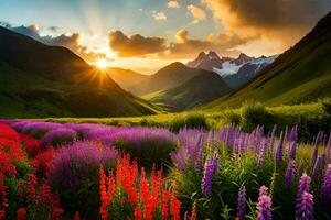 the sun rises over a field of wildflowers in the mountains. AI-Generated photo