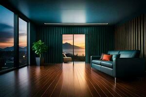 a modern living room with wooden floors and blue walls. AI-Generated photo