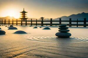 a pagoda in the background with rocks and water. AI-Generated photo