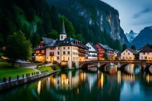 the town of hallstatt, austria, at dusk. AI-Generated photo