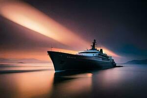 a large yacht in the ocean at sunset. AI-Generated photo