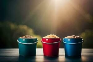 three buckets of different colored rice on a table. AI-Generated photo