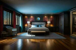 a bedroom with dark wood floors and a bed. AI-Generated photo