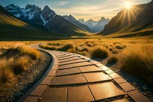 a pathway leads to the mountains at sunset. AI-Generated photo