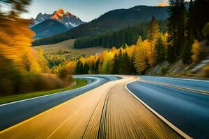 a road in the mountains with trees and mountains in the background. AI-Generated photo