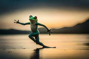 a frog is dancing on the beach at sunset. AI-Generated photo