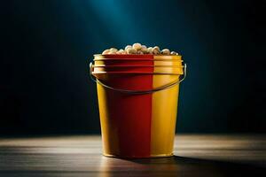 a bucket filled with popcorn on a table. AI-Generated photo