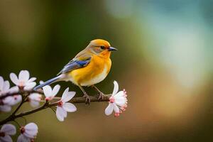 un pequeño pájaro es encaramado en un rama con flores generado por ai foto