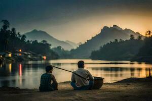 dos personas sentado en el apuntalar de un río a puesta de sol. generado por ai foto