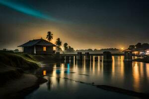 a house on the river at night with a light shining on it. AI-Generated photo