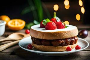 a sandwich with strawberries and cherries on top. AI-Generated photo