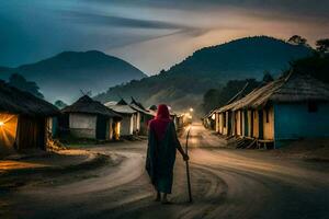 a woman walks down a dirt road in front of a village. AI-Generated photo